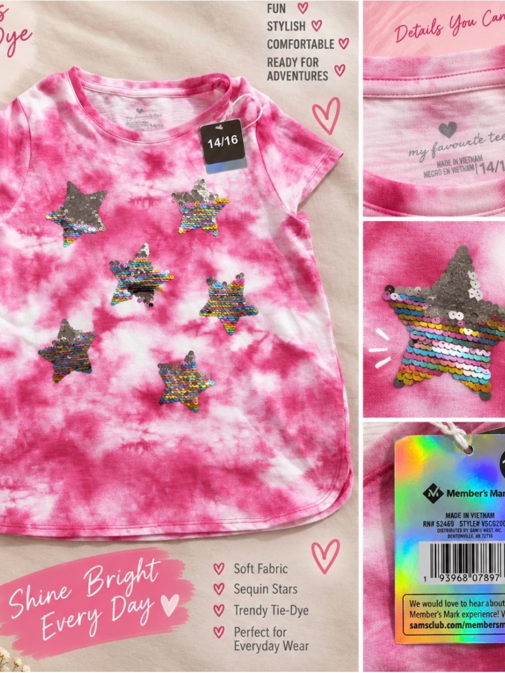 Kids Pink Tie-Dye Sequin Star Tee